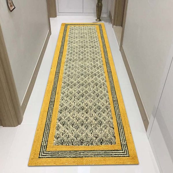 Hand Block Printed Yellow Black Jute Rug - Image 2