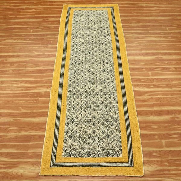 Hand Block Printed Yellow Black Jute Rug - Image 3