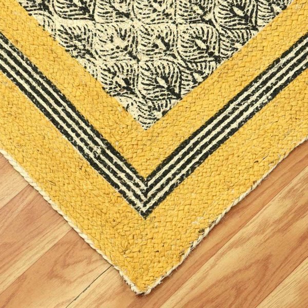 Hand Block Printed Yellow Black Jute Rug - Image 4