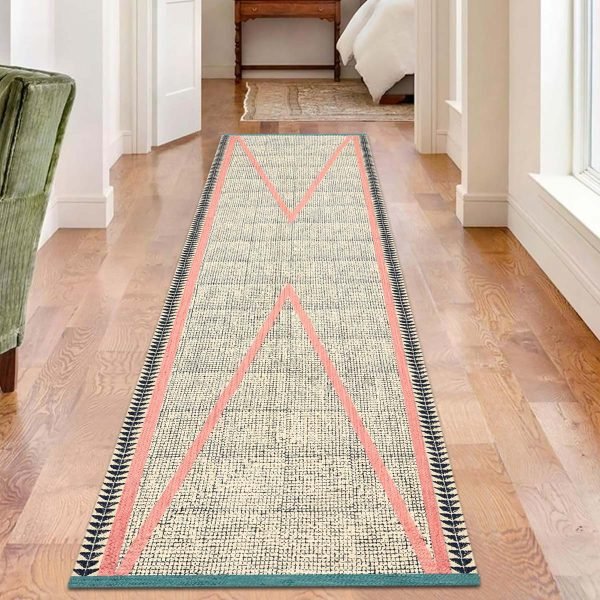 Handmade Block Printed Blue Pink Jute Rug - Image 2