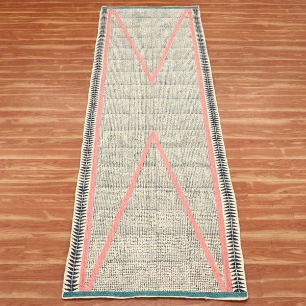 Handmade Block Printed Blue Pink Jute Rug - Image 3