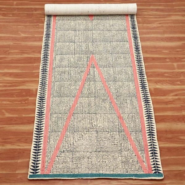 Handmade Block Printed Blue Pink Jute Rug - Image 4