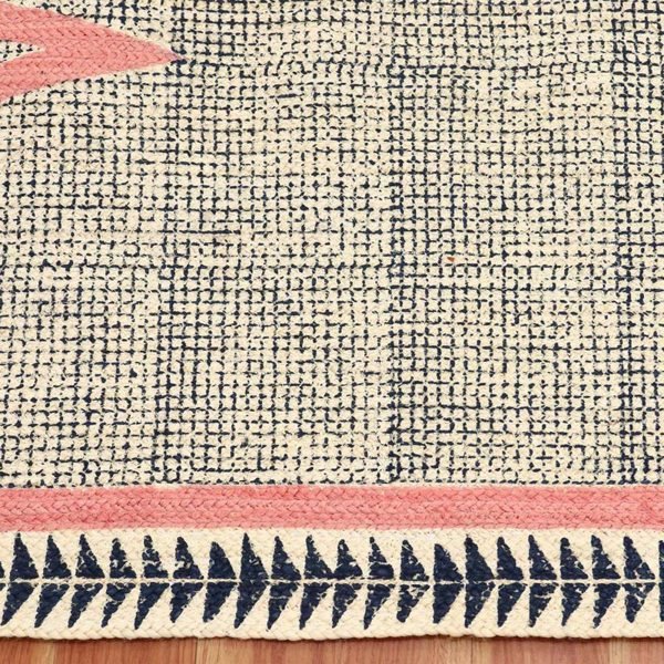 Handmade Block Printed Blue Pink Jute Rug - Image 7