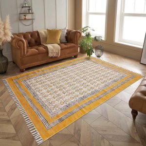 Hand Block Printed Yellow Cotton Modern Rug