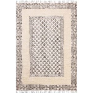 Beige Hand Block Print Cotton Area Dhurrie