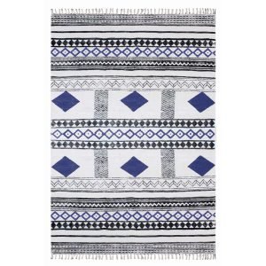 Hand Block Printed Blue Cotton Dining Rug