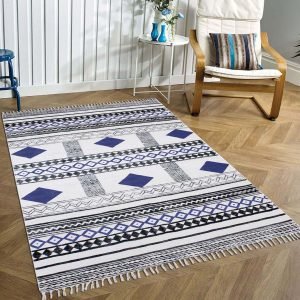 Hand Block Printed Blue Cotton Dining Rug