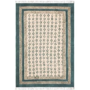 Hand-Block Printed Bedroom Turquoise Area Rug