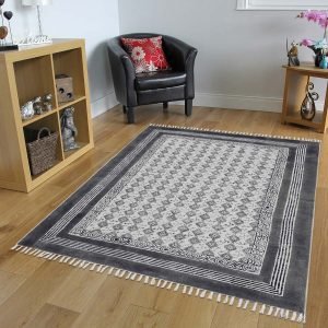 Hand Block Printed Oriental Black Border Rug