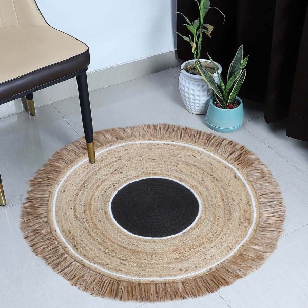 Handmade Beige Black Geomtric Round Area Rug - Image 2