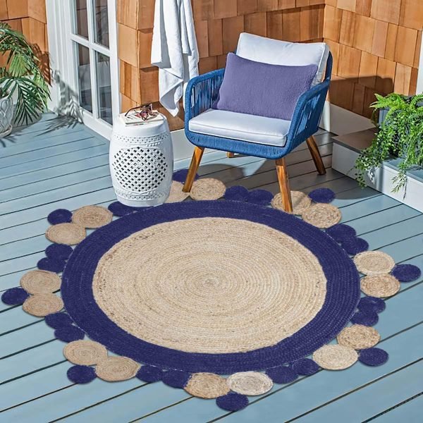 Scalloped Jute Rug | Hand Braided Beige & Blue Natural Rug - Image 2