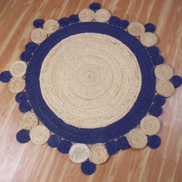 Scalloped Jute Rug | Hand Braided Beige & Blue Natural Rug - Image 3