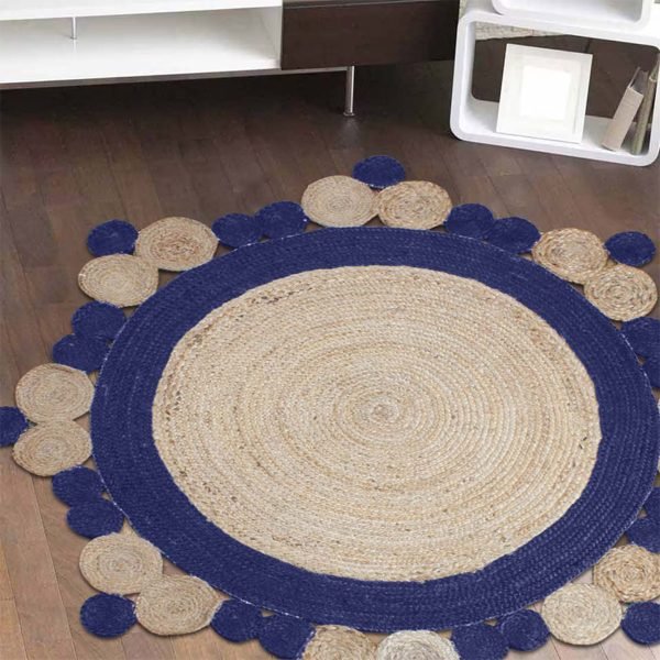 Scalloped Jute Rug | Hand Braided Beige & Blue Natural Rug - Image 4