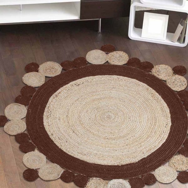 Handmade Beige Brown Scalloped Round Area Rug - Image 3