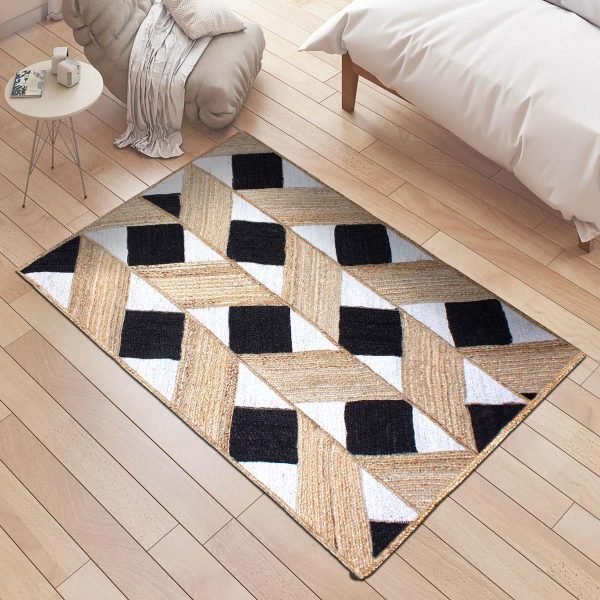 Indian Handmade Black White Geometric Jute Square Area Rug - Image 2