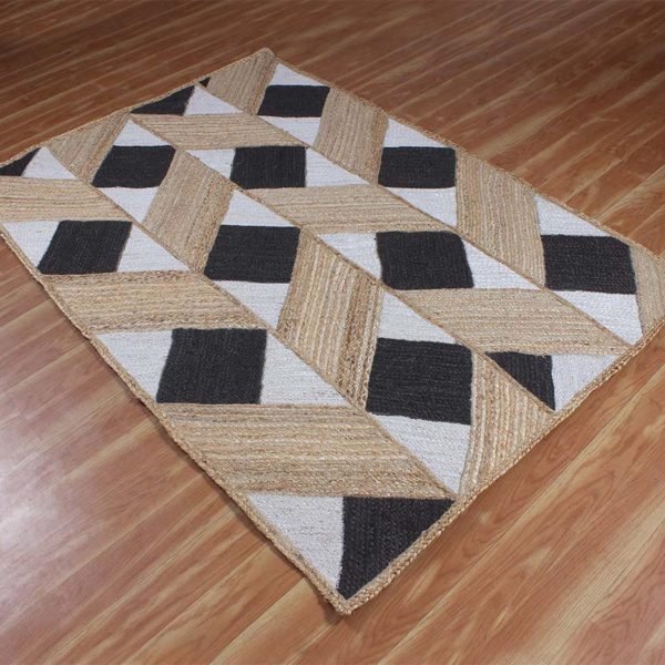 Indian Handmade Black White Geometric Jute Square Area Rug - Image 3