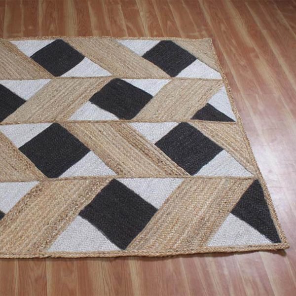 Indian Handmade Black White Geometric Jute Square Area Rug - Image 4