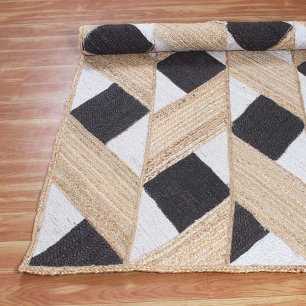 Indian Handmade Black White Geometric Jute Square Area Rug - Image 5