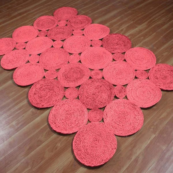 Handmade Natural Jute Scalloped Red Rug - Image 3