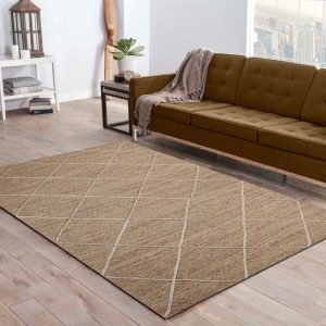 Hand Braided Beige Square Checked Jute Office Area Rug