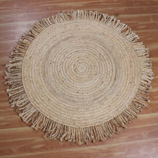 Handmade Natural Jute Beige Round Geometric Area Rug - Image 3