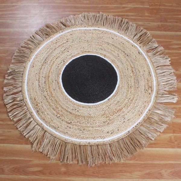Handmade Black Beige Natural Jute Round Outdoor Area Rug - Image 3