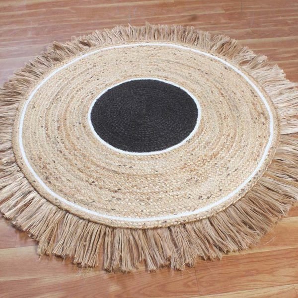 Handmade Black Beige Natural Jute Round Outdoor Area Rug - Image 5