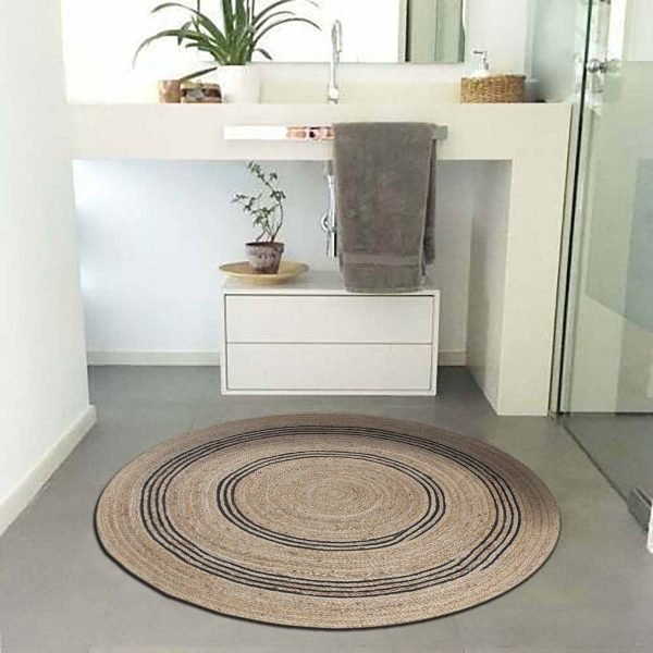 Hand Braided Beige Black Jute Round Front Door Rug - Image 2