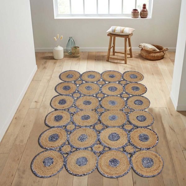 Hand Braided Cotton and Jute Scalloped Blue Beige Rug - Image 2
