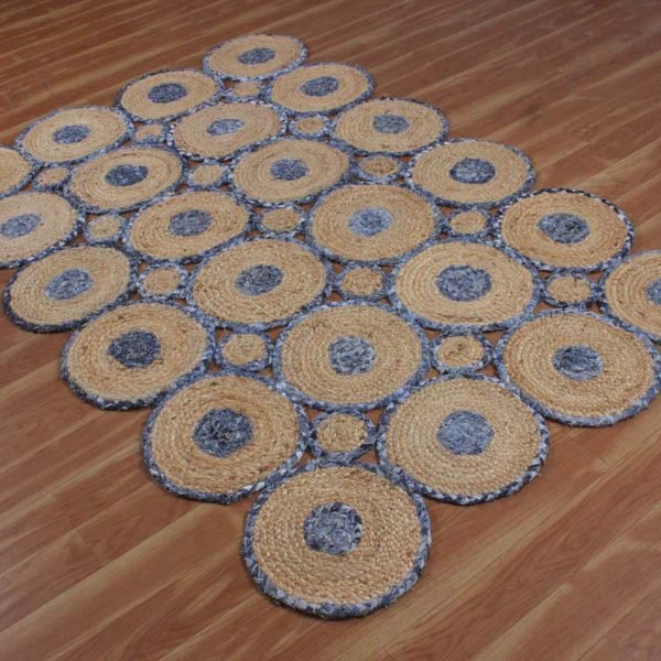Hand Braided Cotton and Jute Scalloped Blue Beige Rug - Image 3