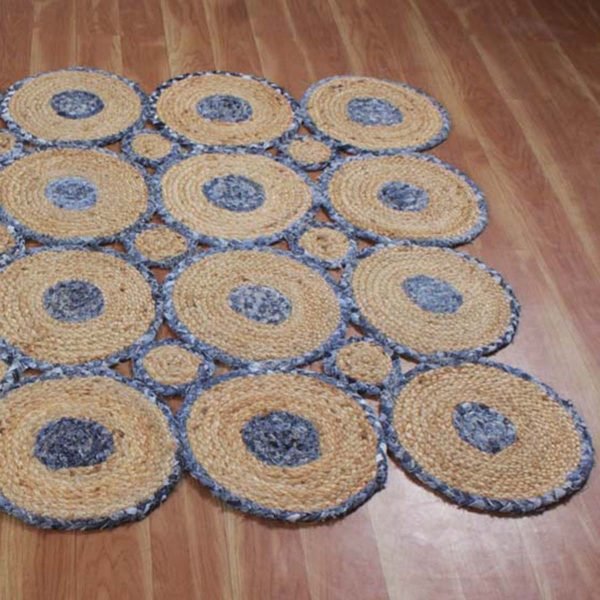 Hand Braided Cotton and Jute Scalloped Blue Beige Rug - Image 4