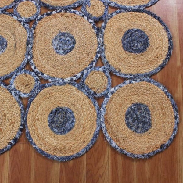 Hand Braided Cotton and Jute Scalloped Blue Beige Rug - Image 7