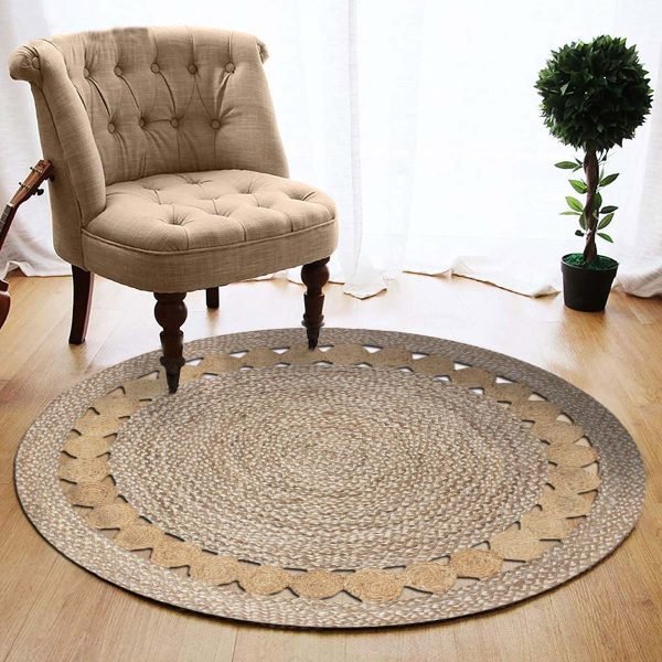 Hand Braided Natural Jute Beige Geometric Round Rug - Image 2