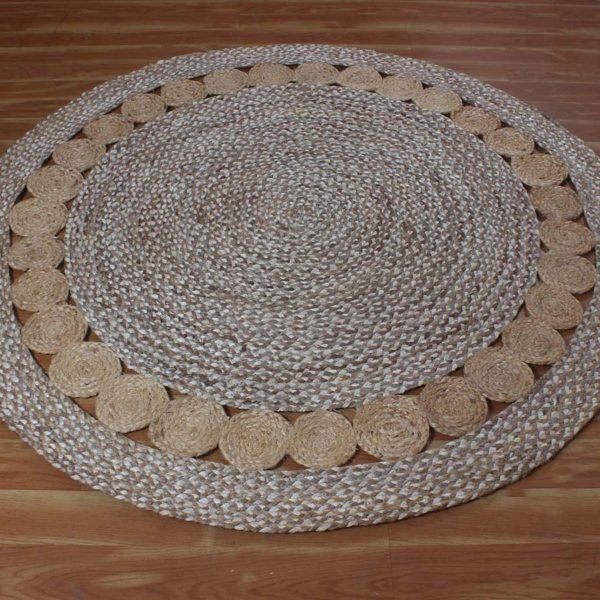 Hand Braided Natural Jute Beige Geometric Round Rug - Image 3