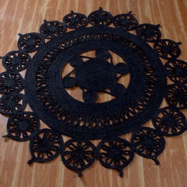 Hand Braided Black Jute Scalloped Round Area Rug - Image 3
