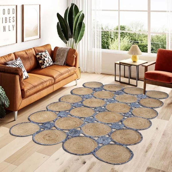 Handmade Beige Blue Scalloped Jute Rug - Image 2