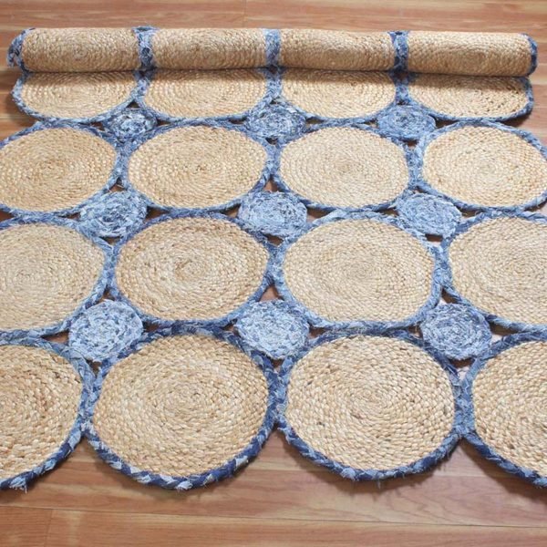 Handmade Beige Blue Scalloped Jute Rug - Image 4