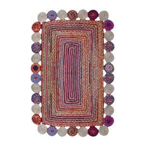 Hand Braided Scalloped Multicolor Cotton and Jute Square Rug