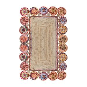 Hand Braided Scalloped Cotton and Jute Multicolor Square Rug