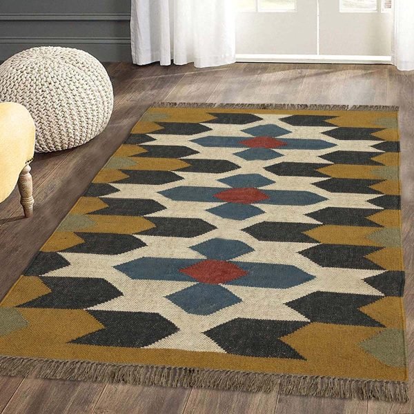 Hand Woven Wool Jute Kilim Yellow Area Rug - Image 2