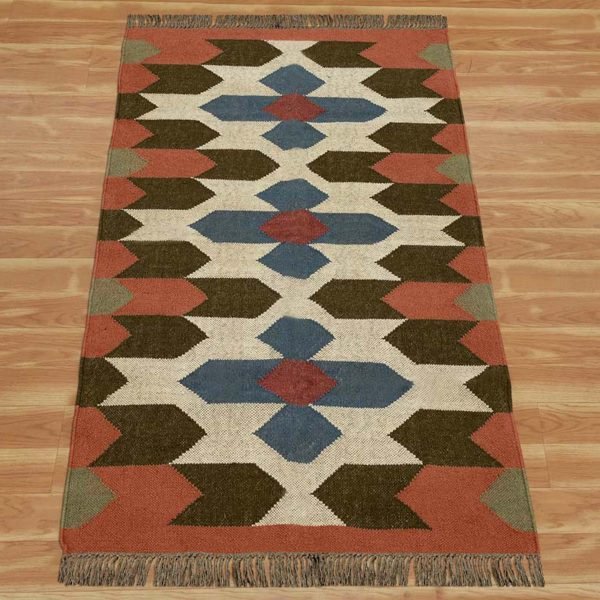 Geometric Wool Jute Kilim Handwoven Brown living Area Rug - Image 3