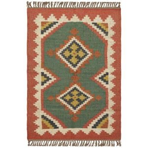 Wool Jute Green Hand woven Kilim Area Rug