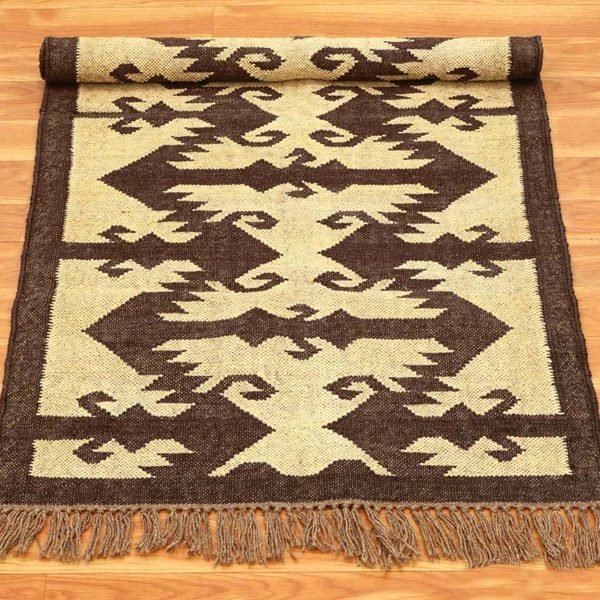 Handwoven Wool Jute Brown Kilim Runner Outdoor Area Rug - Image 5
