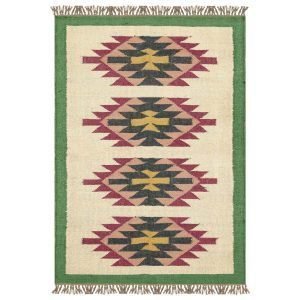 Green Bordered Hand Woven Wool Jute Area Rug
