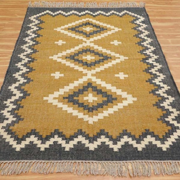 Hand Woven Wool Jute Geometric Yellow Rug - Image 3