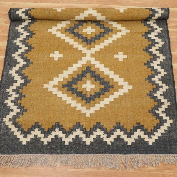 Hand Woven Wool Jute Geometric Yellow Rug - Image 4