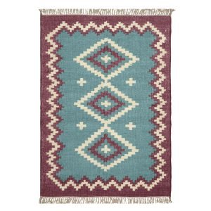Geometric Jute Wool Kilim Woven Blue Rug