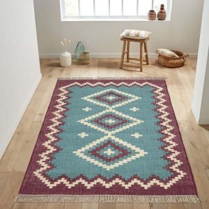 Geometric Jute Wool Kilim Woven Blue Rug