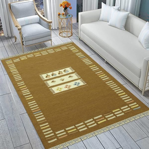 Indian Hand Woven Bronze Wool Tribal Area Dhurrie - Image 2