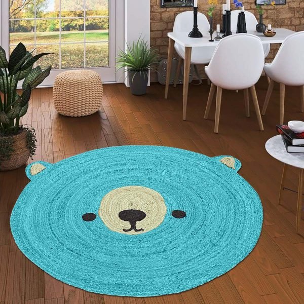 Hand Braided Animal Design Turquoise Round Area Rug - Image 2